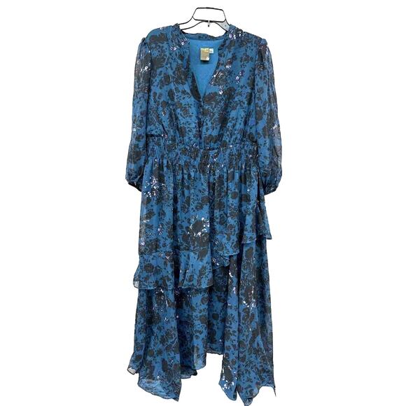 NWT Sz 14 Taylor Woman Peacock Floral Maxi Dress. Vneck/Buttons. Ruffle Hem. - Picture 1 of 3